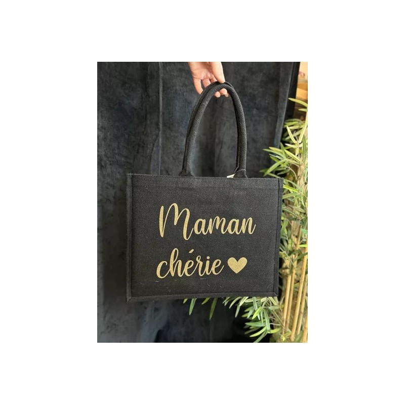 Grand Cabas Jute Noir – "Maman Chérie"|  Au Tombeau des Jaloux