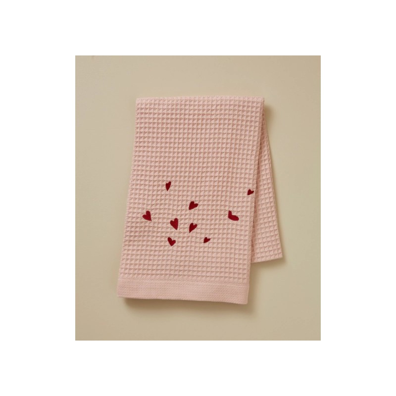 Drap de Douche Brodé "Jolis Cœurs Rose" – Nid d’Abeille - Au Tombeau des Jaloux