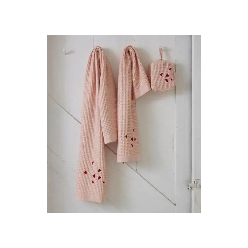 Drap de Douche Brodé "Jolis Cœurs Rose" – Nid d’Abeille - Au Tombeau des Jaloux